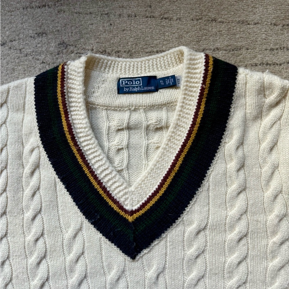 Cable Knit Wool, with Multicolour Long Sleeve Iconic Cricket Sweater - Size L
